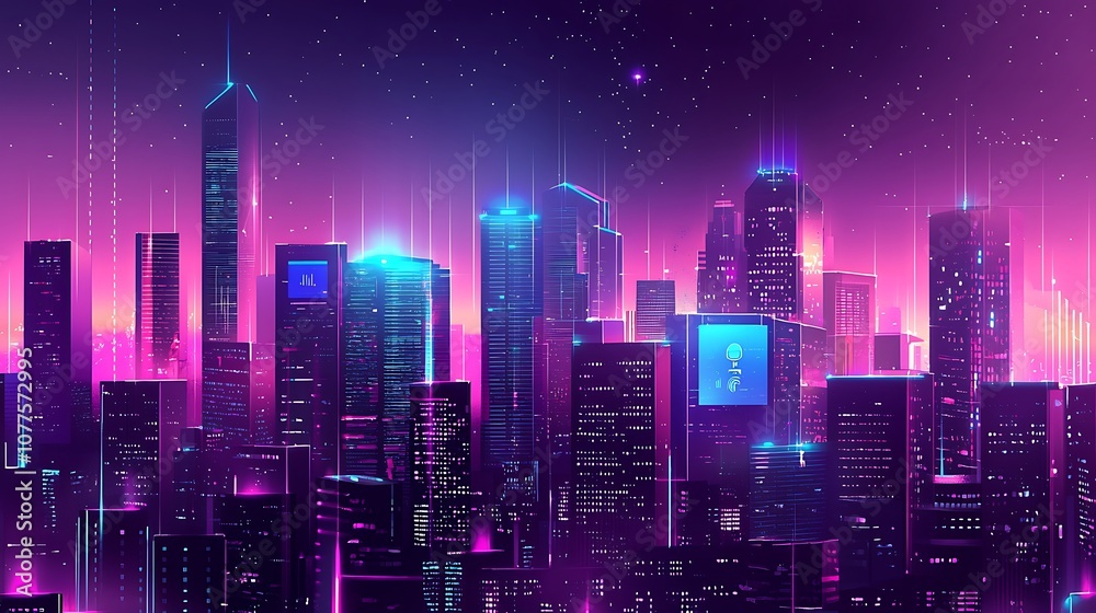 Fototapeta premium Illustration of a smart city at night, application development concept, smart city, Internet of things, smart life, information technology, gradient grid line, metaverse connection technology concept