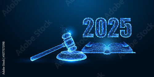 2025 Change in legislation concept with open book, gavel, and 2025 digits on dark blue background. 