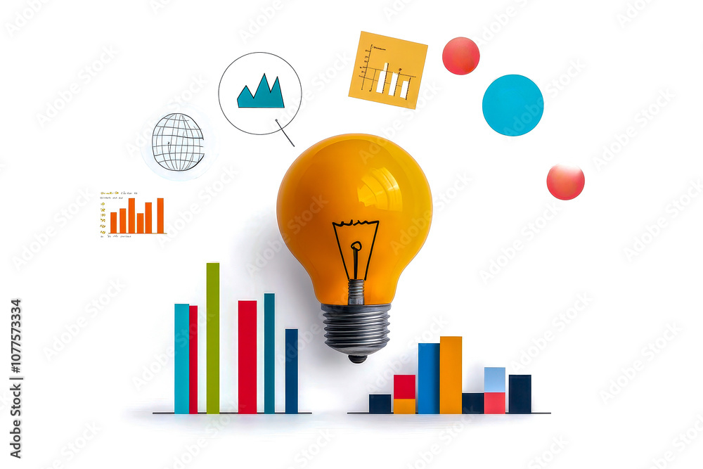 A vibrant light bulb surrounded by colorful graphs and icons representing data analysis and insights. A vibrant light bulb surrounded by colorful graphs and icons representing data analysis and insights.