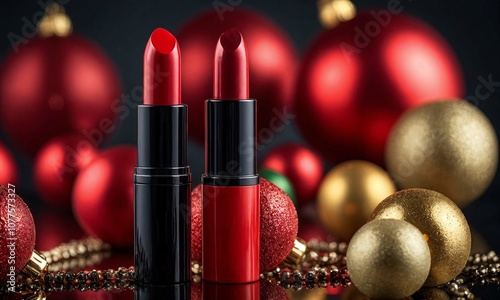 Close up of three different shades of red lipstick on a background of festive decorations