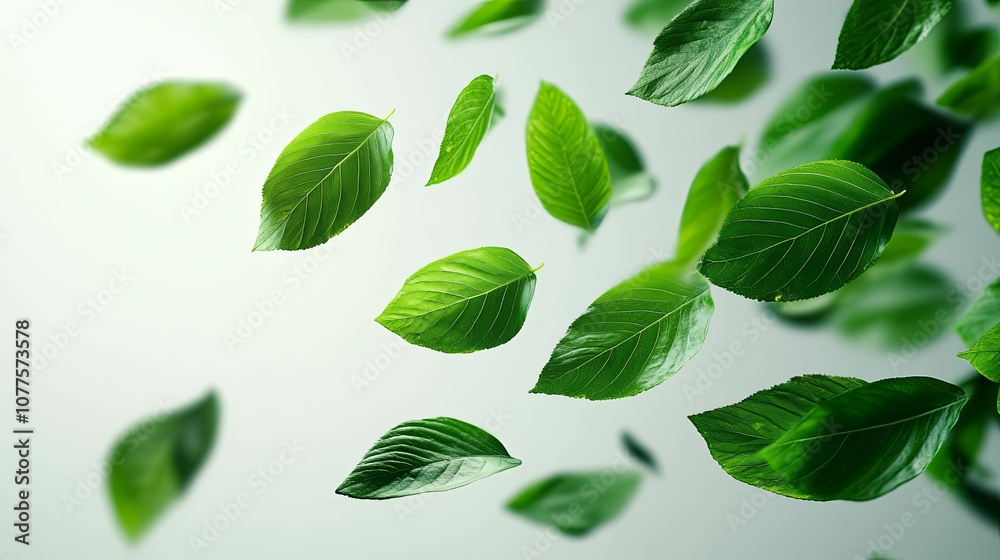 Fototapeta premium Green Leaves Falling Against a White Background