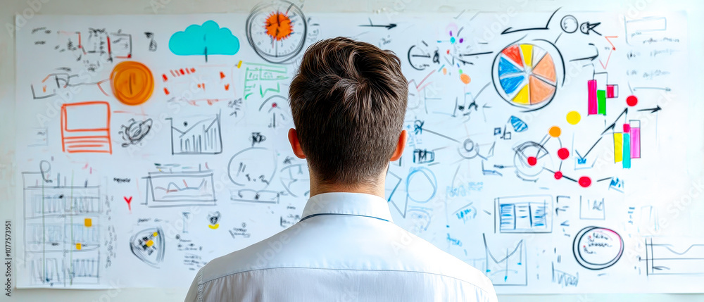 A person analyzes a colorful presentation of graphs and charts on a wall, depicting data and insights for decision-making. A person analyzes a colorful presentation of graphs and charts on a wall, depicting data and insights for decision-making.