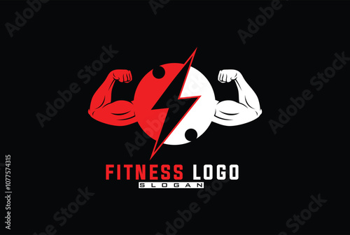 Fitness bodybuilder logo with circle and thunderbolt - Gym and fitness logo vector design illustration emblem icon.