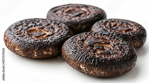 Four Whole Grilled Portobello Mushrooms on White Background photo