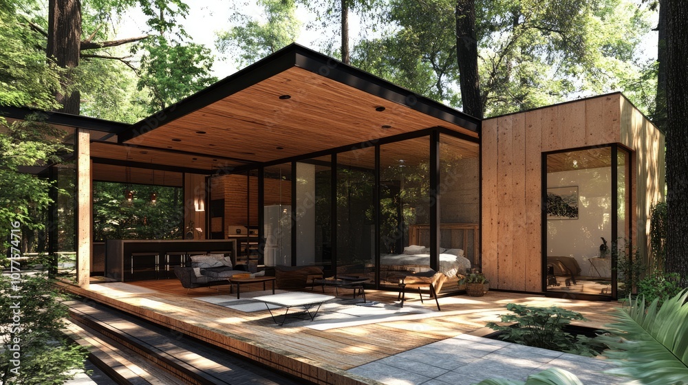 Obraz premium Modern minimalist house in lush green forest, featuring glass walls, wooden structure, and inviting outdoor living space, surrounded by nature's tranquility and beauty.