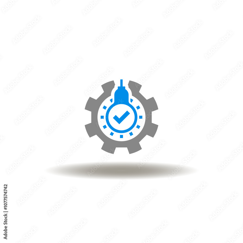 Vector illustration of gear wheel with lightbulb and check mark. Icon of effective, efficient. Symbol of efficacy. Vector illustration of gear wheel with lightbulb and check mark. Icon of effective, efficient. Symbol of efficacy.
