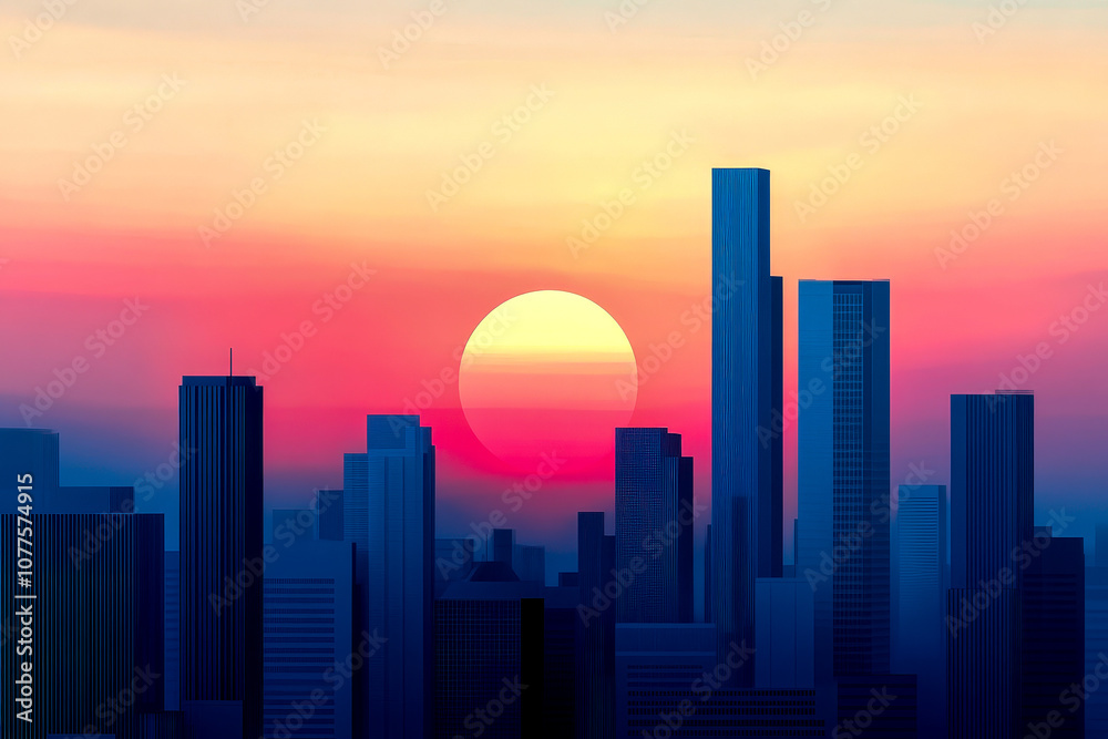 Fototapeta premium A stunning skyline at sunset, featuring tall buildings silhouetted against a vibrant, colorful sky with a large sun setting in the background.