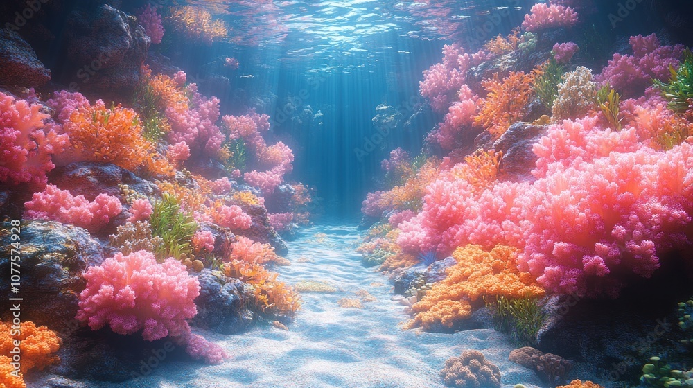 Fototapeta premium Vibrant underwater scene with colorful coral reefs and sunlight.