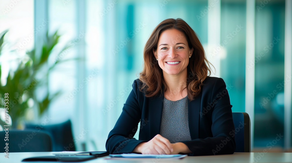 Businesswoman Smiling During Client Meeting in Modern Office Businesswoman Smiling During Client Meeting in Modern Office