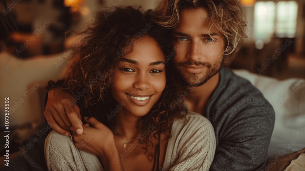 Happy multiracial couple relaxing on sofa in cozy living room - Love, family, and home comfort concept Happy multiracial couple relaxing on sofa in cozy living room - Love, family, and home comfort concept