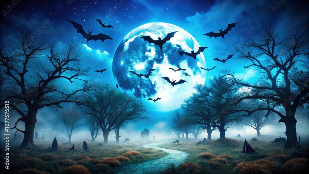 Scary Halloween Night Scene with Bats, Spooky Blue Sky, Haunted Atmosphere, Eerie Landscape, Halloween Decorations, Dark Shadows, Frightening Vibes, Ghostly Elements, Autumn Nights Scary Halloween Night Scene with Bats, Spooky Blue Sky, Haunted Atmosphere, Eerie Landscape, Halloween Decorations, Dark Shadows, Frightening Vibes, Ghostly Elements, Autumn Nights