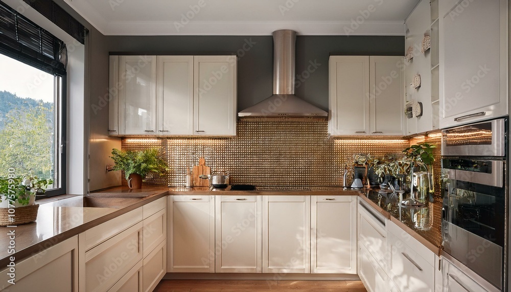 Luxury home kitchen interior with cooking cabinet and appliances Luxury home kitchen interior with cooking cabinet and appliances