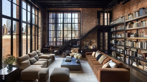 Modern Stylish Urban Loft with Exposed Brick Walls, Large Windows, and Cozy Seating - An Elegant Space Blending Comfort with Contemporary Design