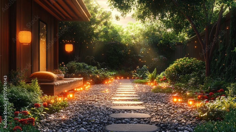 Obraz premium Serene garden path illuminated by lanterns and lush greenery.