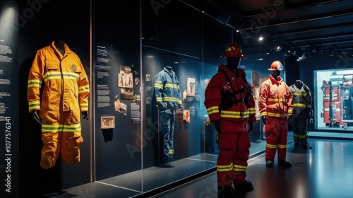 Firefighter uniforms and equipment displayed in a museum exhibit.