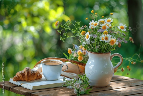 Fototapeta Naklejka Na Ścianę i Meble -  Summer garden coffee cup with wild flowers bouquet, croissant and book on wooden table, sunny green background, impressionist style, relaxing vacation breakfast in nature