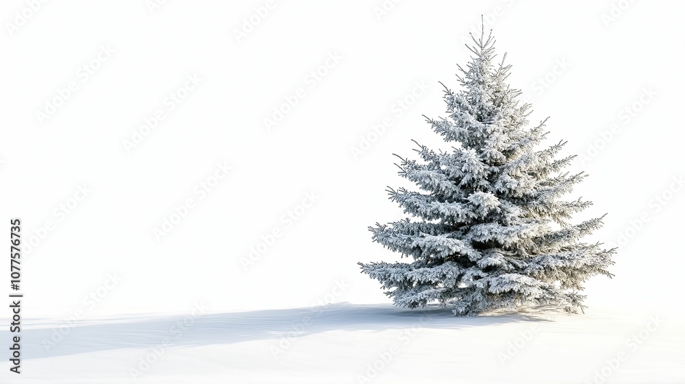 A Snowy Evergreen Tree Stands Alone Against a White Background A Snowy Evergreen Tree Stands Alone Against a White Background