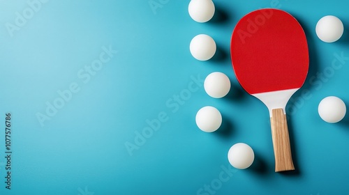 Bright red table tennis racket against a rich blue background, accompanied by soft white balls; overhead view with balanced negative space photo