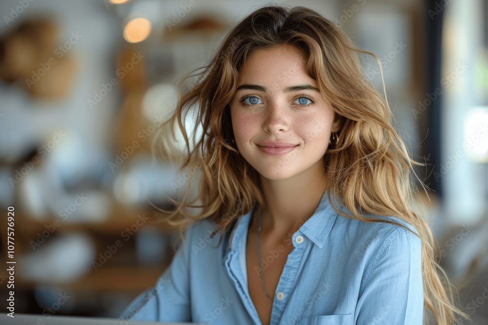 Fototapeta premium Mature businesswoman in blue shirt working happily on laptop in modern office thinking about future technology and business growth