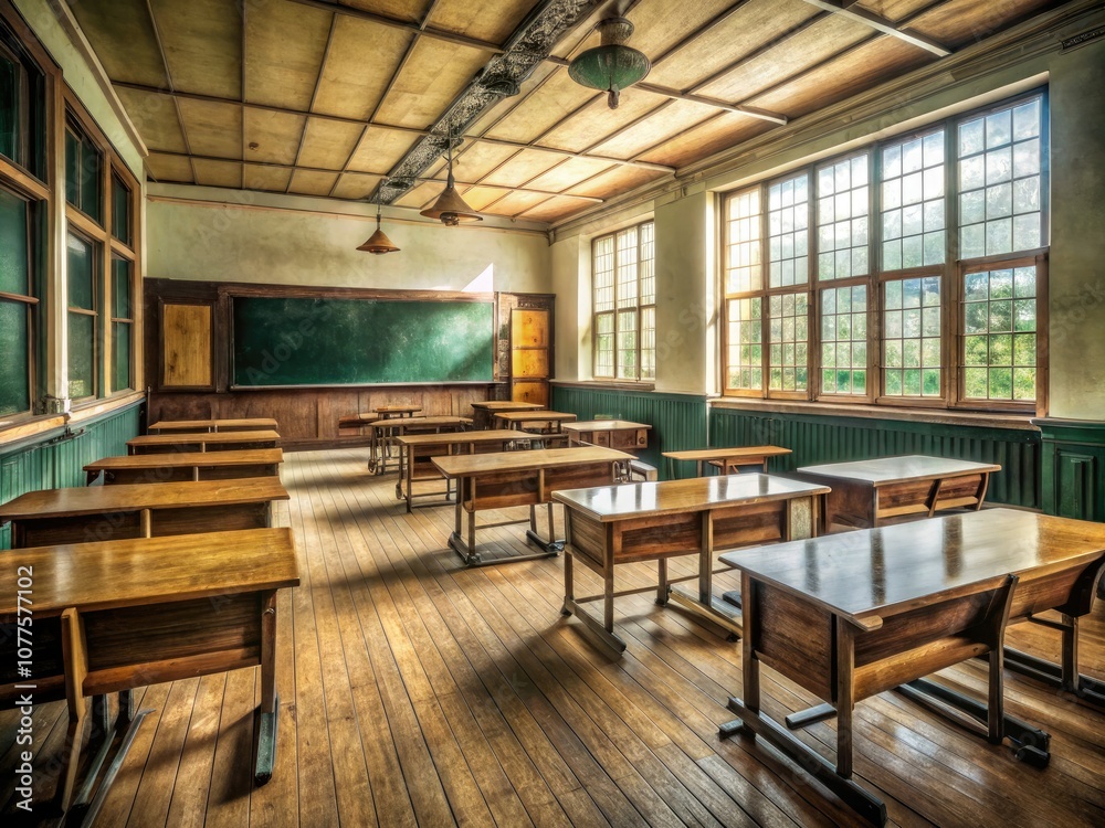 Empty Old Classroom in School with Blurry Background - Nostalgic Education Space, Desks, Chalkboard, Abandoned Learning Environment, Vintage Classroom Atmosphere, School History Empty Old Classroom in School with Blurry Background - Nostalgic Education Space, Desks, Chalkboard, Abandoned Learning Environment, Vintage Classroom Atmosphere, School History
