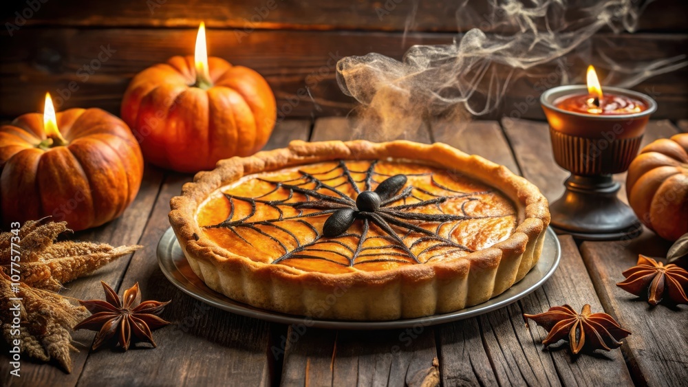 A Spooky Pumpkin Pie Decorated With a Spider Web and a Spider for a Spooky Halloween Treat A Spooky Pumpkin Pie Decorated With a Spider Web and a Spider for a Spooky Halloween Treat