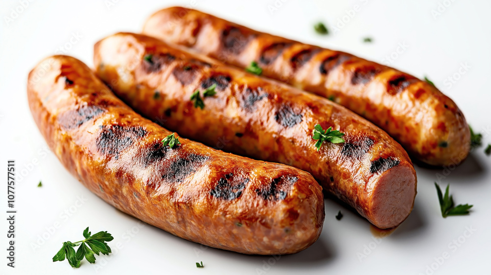 Three grilled sausages with char marks garnished with fresh parsley on a white surface, showcasing a close-up view of their texture and color. Three grilled sausages with char marks garnished with fresh parsley on a white surface, showcasing a close-up view of their texture and color.