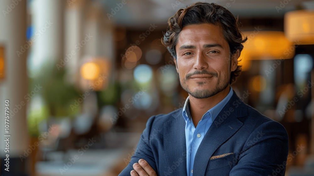 Obraz premium Confident Young Latin Businessman in Suit with Crossed Arms in Hotel Lobby