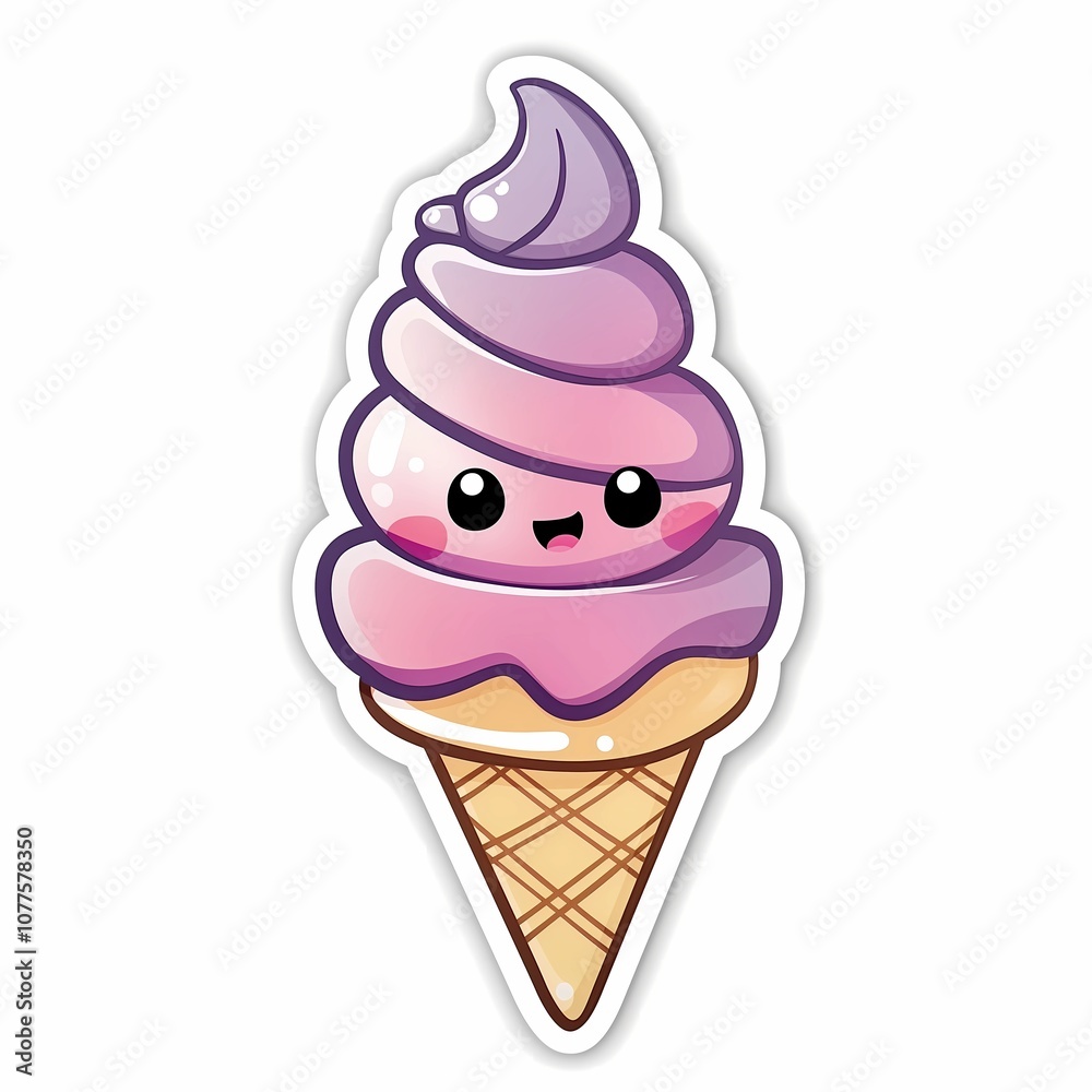 Kawaii Ice Cream Cone Character Sticker with Smiling Face Pastel Colors on White Background Kawaii Ice Cream Cone Character Sticker with Smiling Face Pastel Colors on White Background