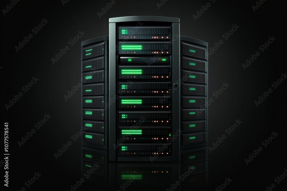 Multiple server racks with green and red blinking indicators are organized neatly against a dark background, showcasing their operational status. Generative AI Multiple server racks with green and red blinking indicators are organized neatly against a dark background, showcasing their operational status. Generative AI