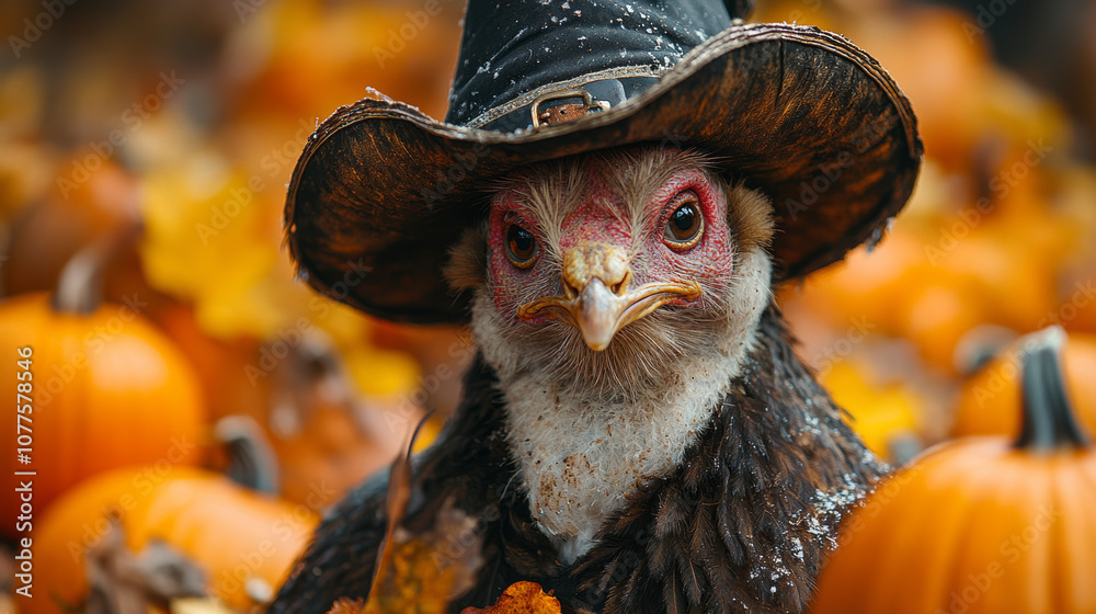 Obraz premium A chicken wearing a witch's hat stares intently at the camera, surrounded by pumpkins.