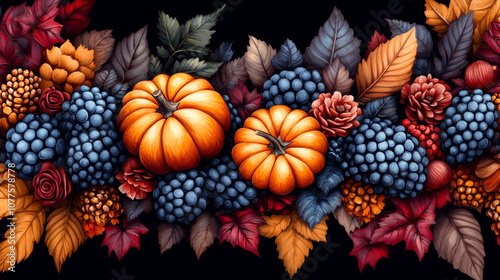 Pumpkins and blackberries adorn a fall-themed illustration.