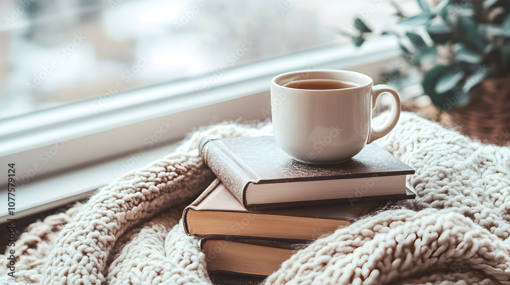 A cozy reading corner with a stack of wellness and mindfulness books, a cup of tea, and a soft blanket A cozy reading corner with a stack of wellness and mindfulness books, a cup of tea, and a soft blanket