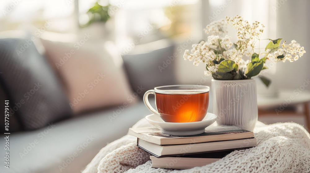 A cozy reading corner with a stack of wellness and mindfulness books, a cup of tea, and a soft blanket A cozy reading corner with a stack of wellness and mindfulness books, a cup of tea, and a soft blanket
