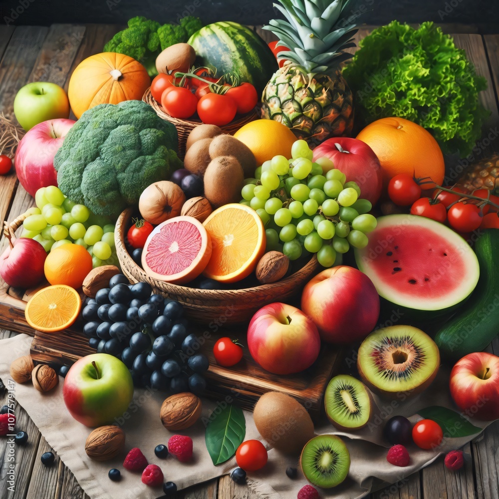Fresh fruits and vegetables arranged on a rustic wooden table Fresh fruits and vegetables arranged on a rustic wooden table