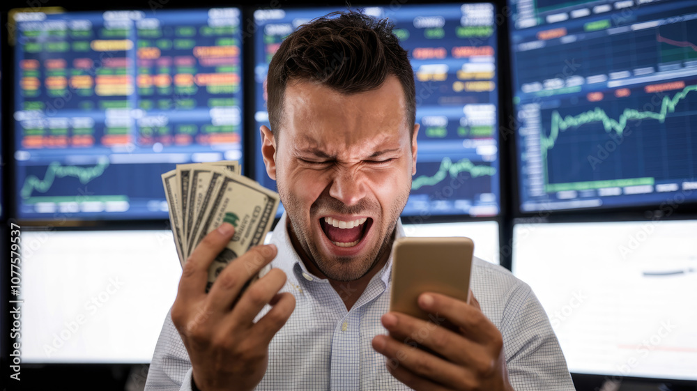 Obraz premium A man is holding a cell phone and a stack of cash, looking angry. He is in front of a computer monitor with a lot of numbers on it