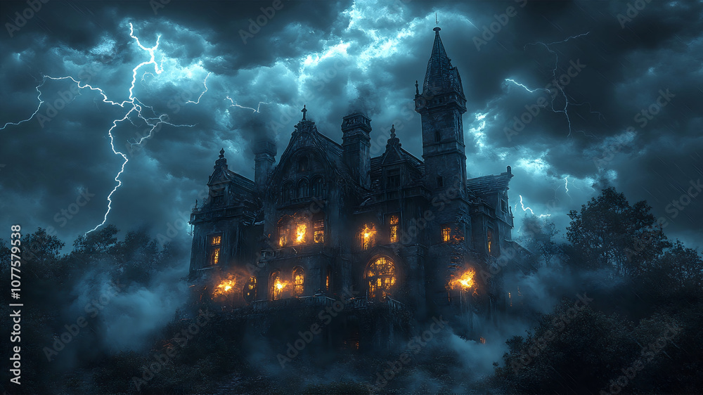 Dramatic Scene of Haunted House Lit by Moonlight Dramatic Scene of Haunted House Lit by Moonlight