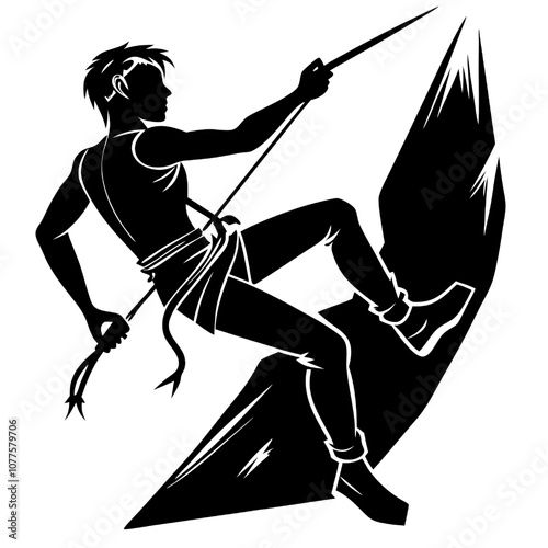 Climber Silhouette: Adrenaline Rush. A dynamic silhouette of a rock climber scaling a steep cliff face, embodying strength, determination, and the thrill of conquering nature's challenges.  