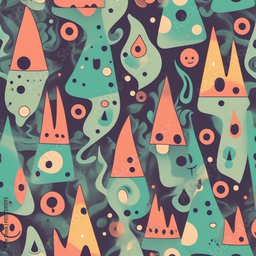 Abstract shapes, smiling faces, curves, cannabis. Lava lamp, petrol stain style. Retro vintage colors. Set of three Hand drawn Vector seamless Patterns. Background, wallpaper, wrapping paper
