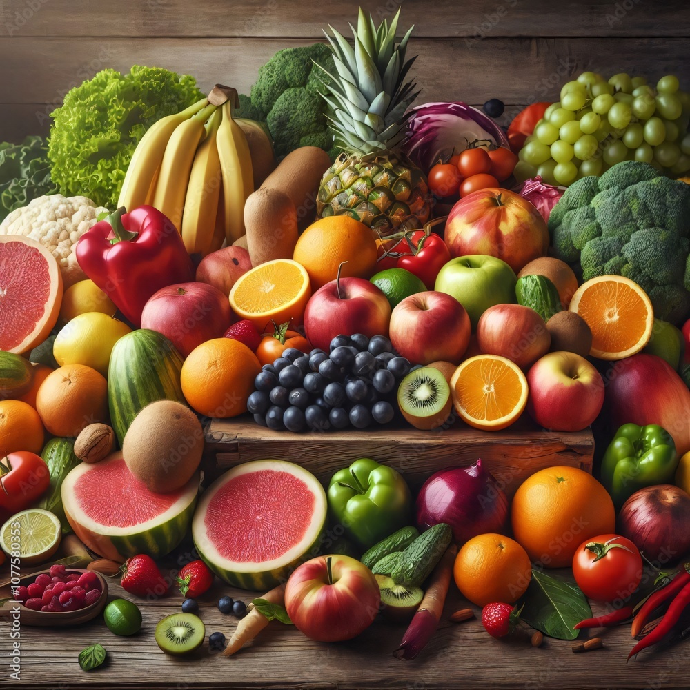 Fresh fruits and vegetables arranged on a rustic wooden table Fresh fruits and vegetables arranged on a rustic wooden table