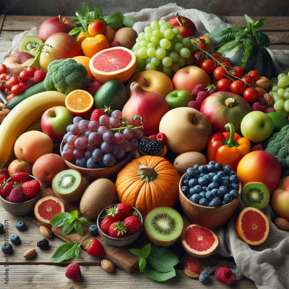 Fresh fruits and vegetables arranged on a rustic wooden table Fresh fruits and vegetables arranged on a rustic wooden table