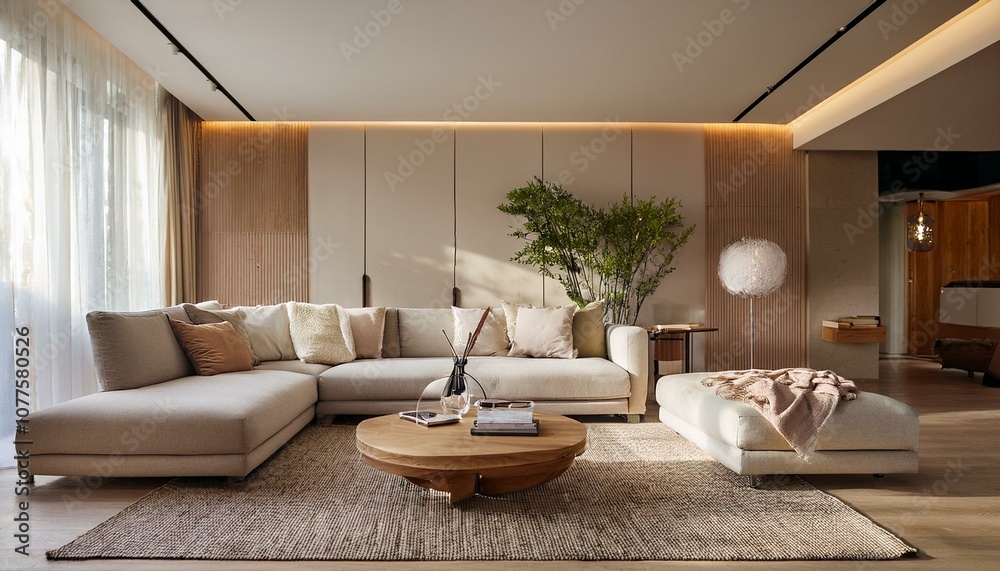 Fototapeta premium Modern living room with neutral furniture and stylish lighting. 3D Rendering