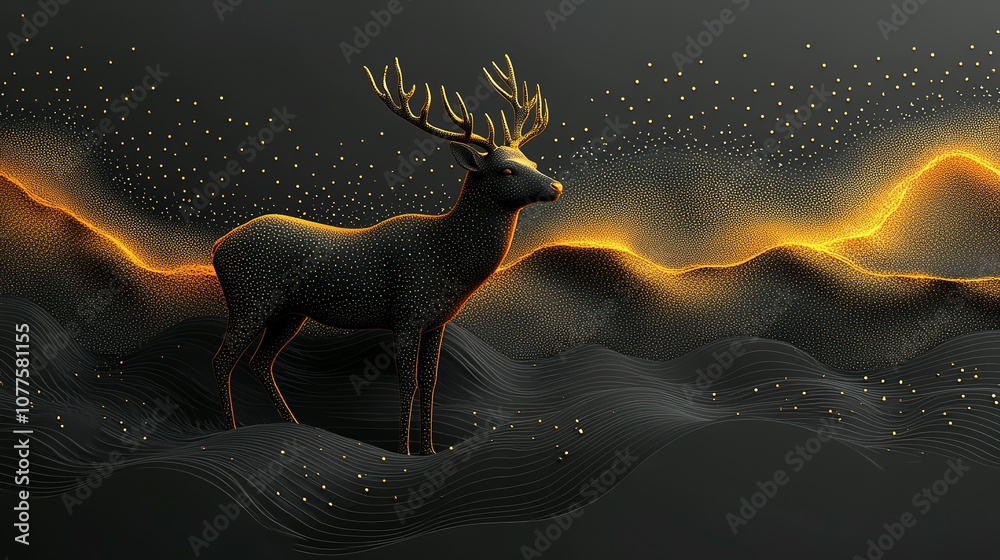A Golden Deer Stands on a Wavy, Glittering, Black Surface A Golden Deer Stands on a Wavy, Glittering, Black Surface