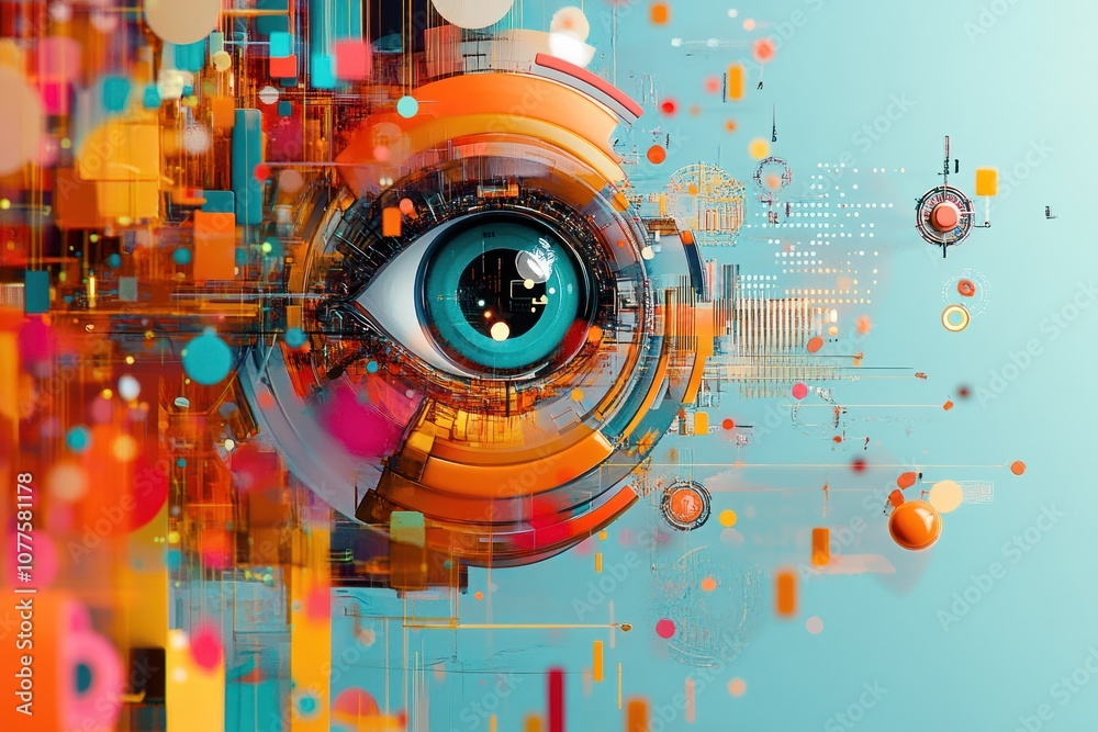Obraz premium A stylized, abstract eye surrounded by colorful, geometric shapes and patterns, creating a futuristic, technological aesthetic.