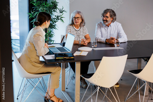 Financial advisor having a conversation with senior couple at office