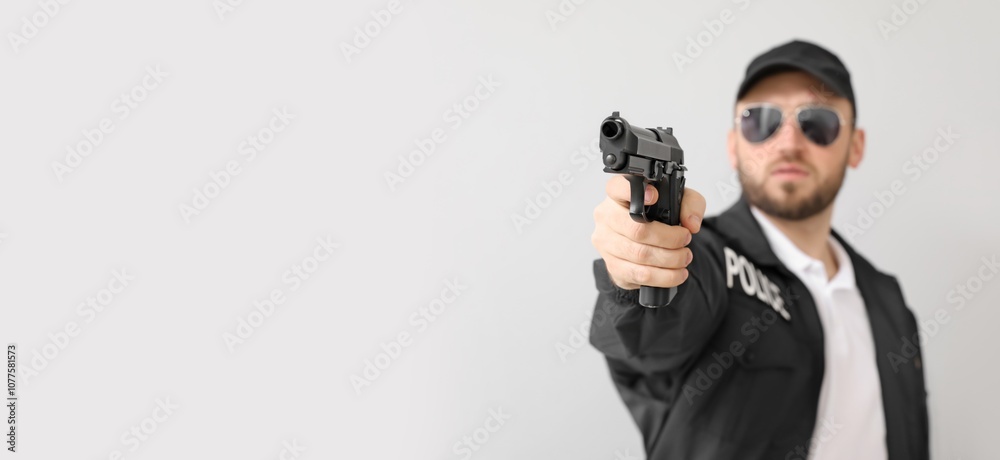 Male police officer with gun on light background with space for text Male police officer with gun on light background with space for text