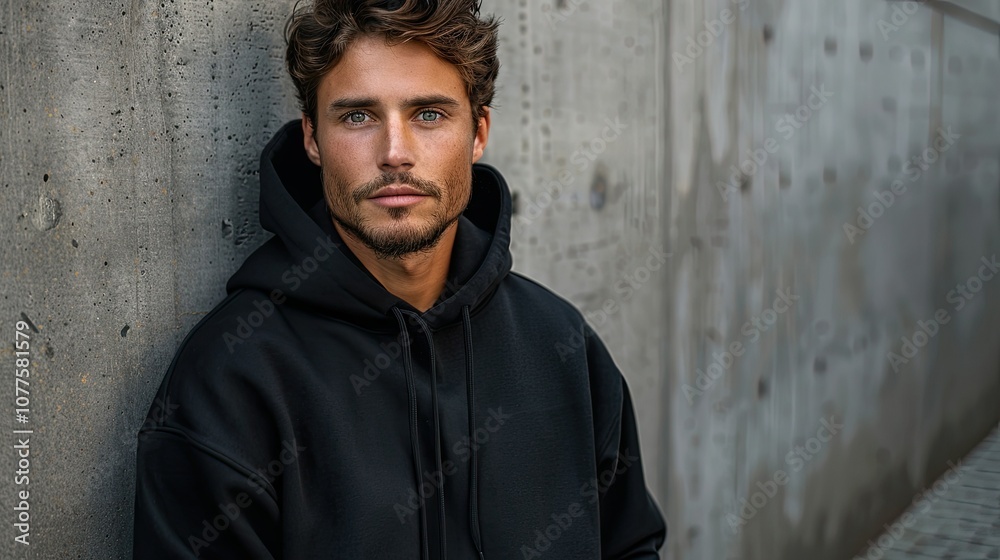 Handsome young man in a black hoodie leaning against a concrete wall, looking at the camera. Handsome young man in a black hoodie leaning against a concrete wall, looking at the camera.