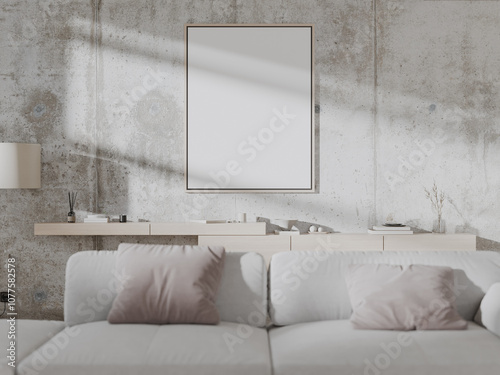 Picture frame mockup on concretew all in modern scandinavian interior photo