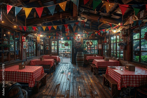 Traditional Wooden Pub with Festive Decorations and Garden View