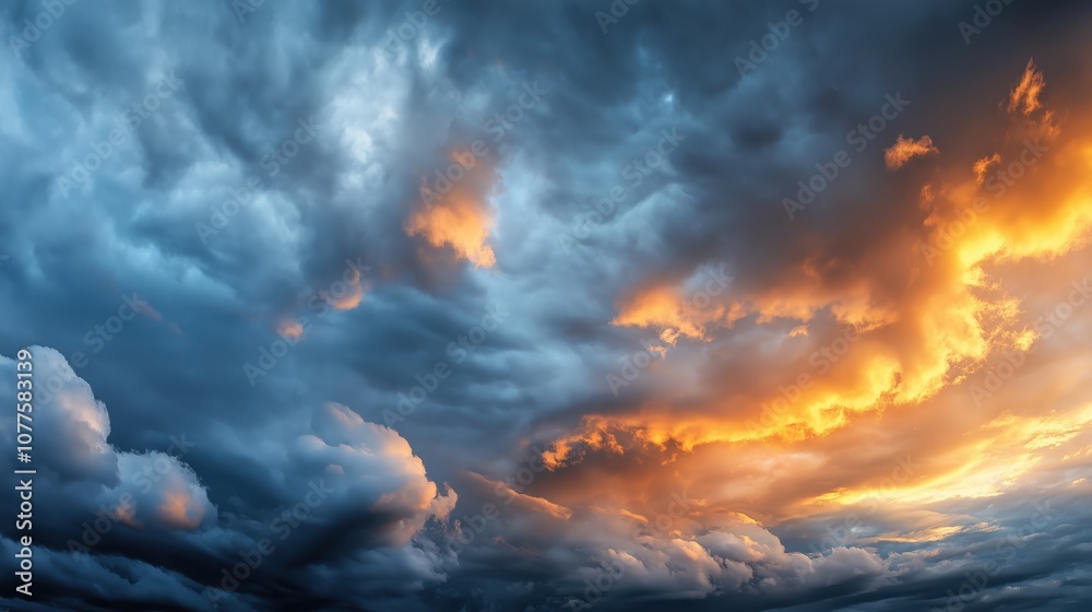 Dramatic sky with dense clouds illuminated by orange and blue hues, creating a vivid sunset or sunrise effect.