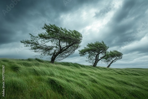 Dynamic landscape  wind swept trees in a grassy field beneath a dramatic cloudy sky photo